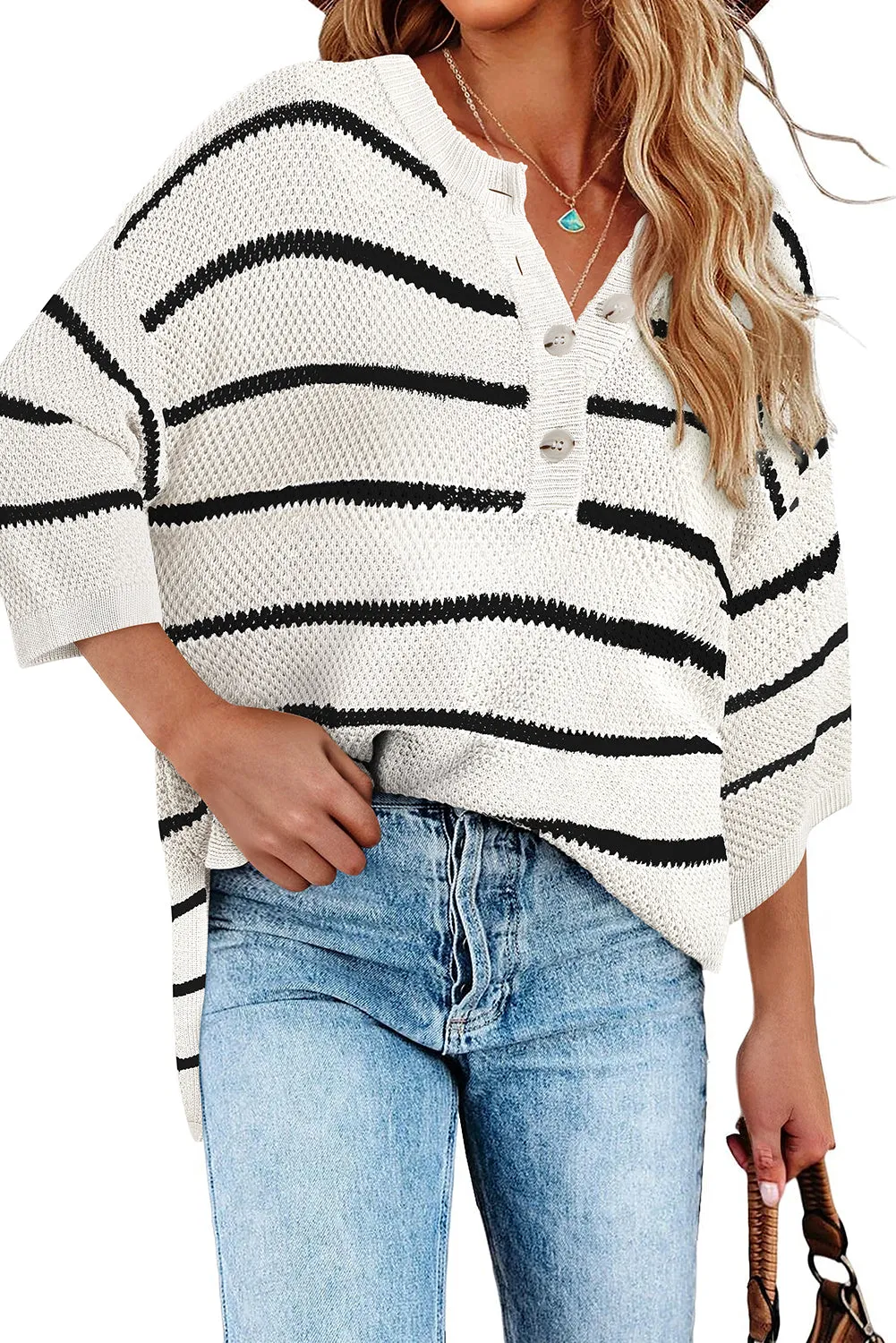 White Stripe Henley Buttoned Placket Drop Shoulder Bracelet Sleeve Knit Sweater Tee
