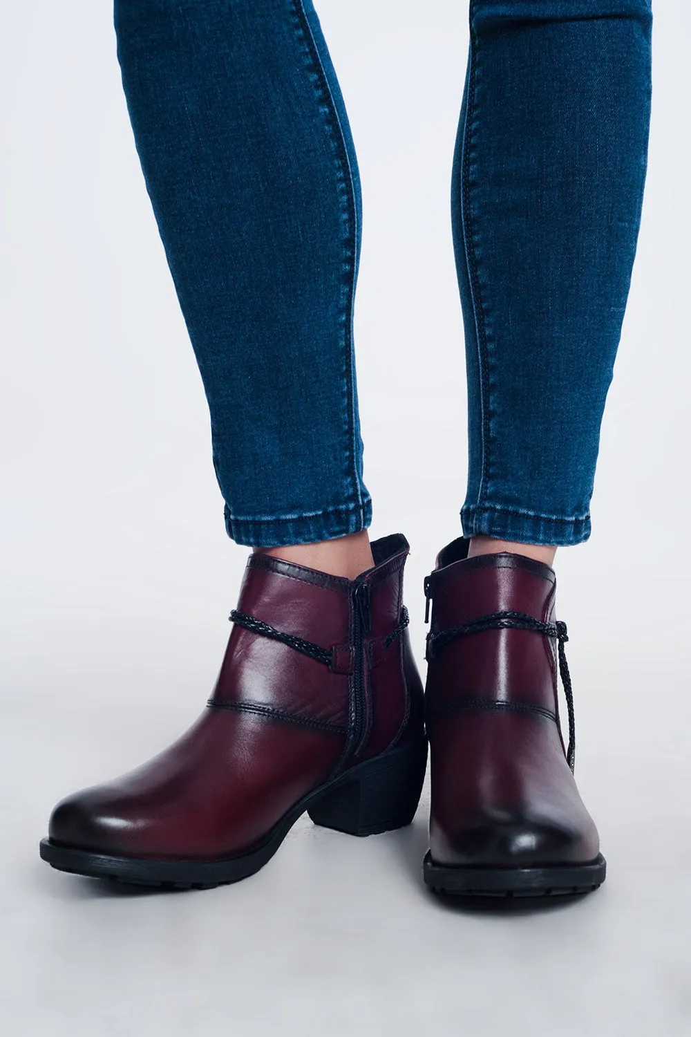 Wine Red Ankle Booties – Faux Leather Low Heel Fall Boots for Women