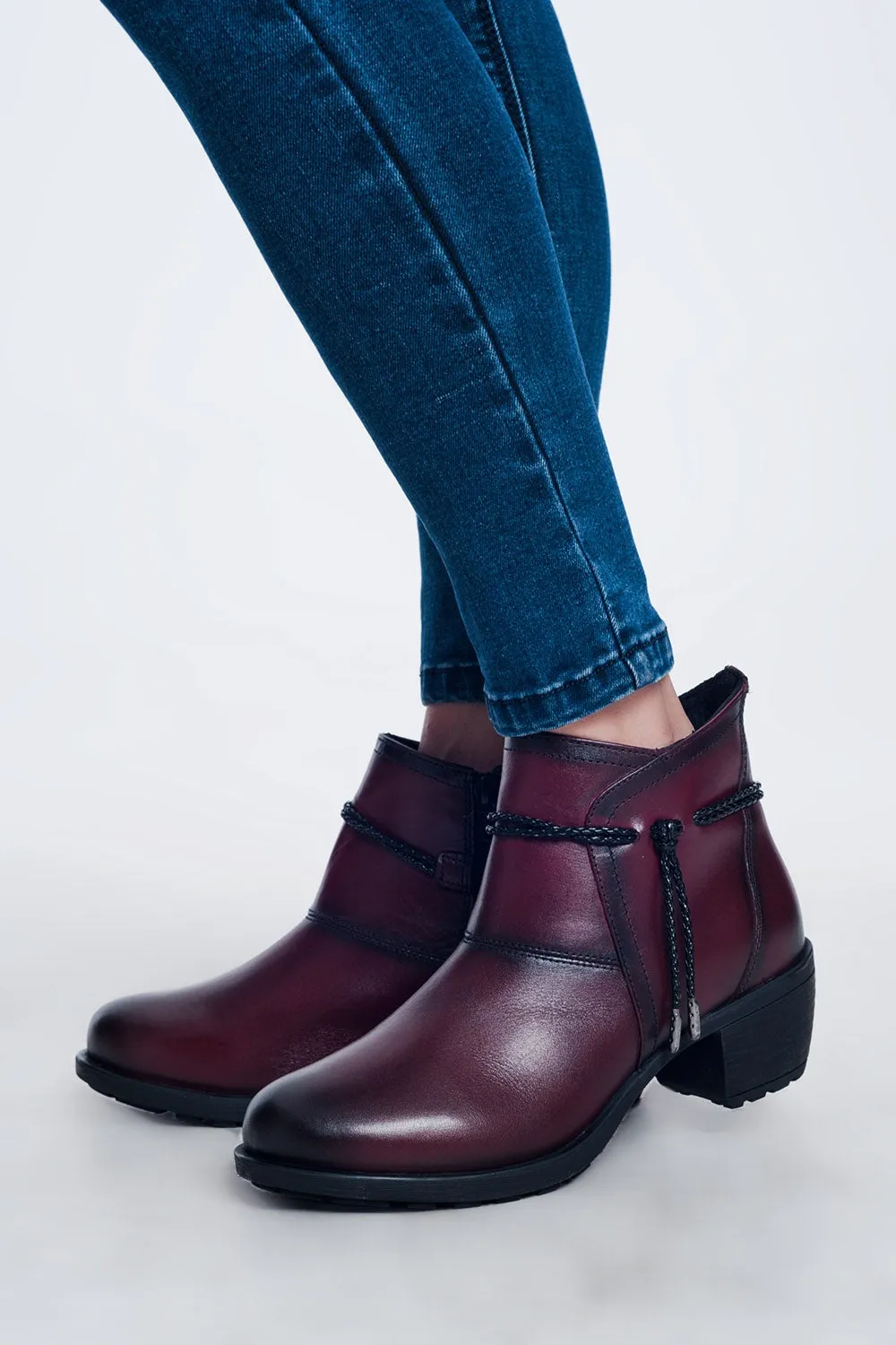 Wine Red Ankle Booties – Faux Leather Low Heel Fall Boots for Women