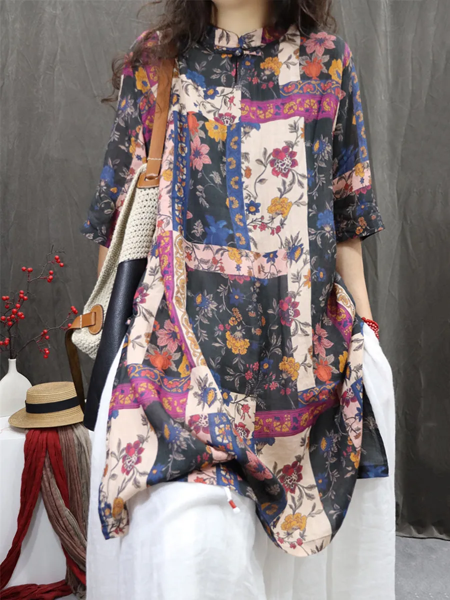 Women Artsy Summer Flower V-Neck 100%Ramie Shirt