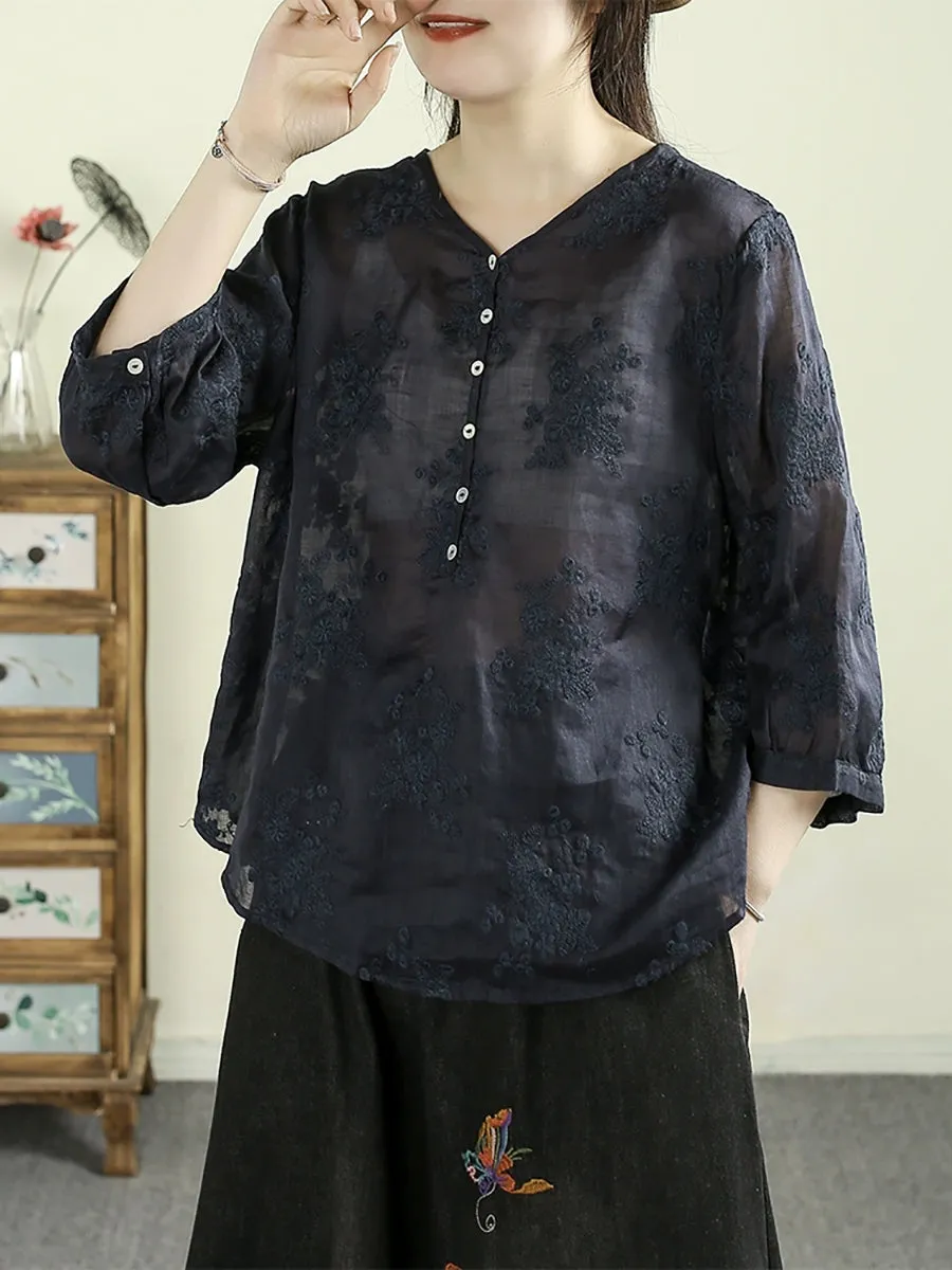 Women Artsy V-Neck Flower Embroidery 100%Ramie Shirt