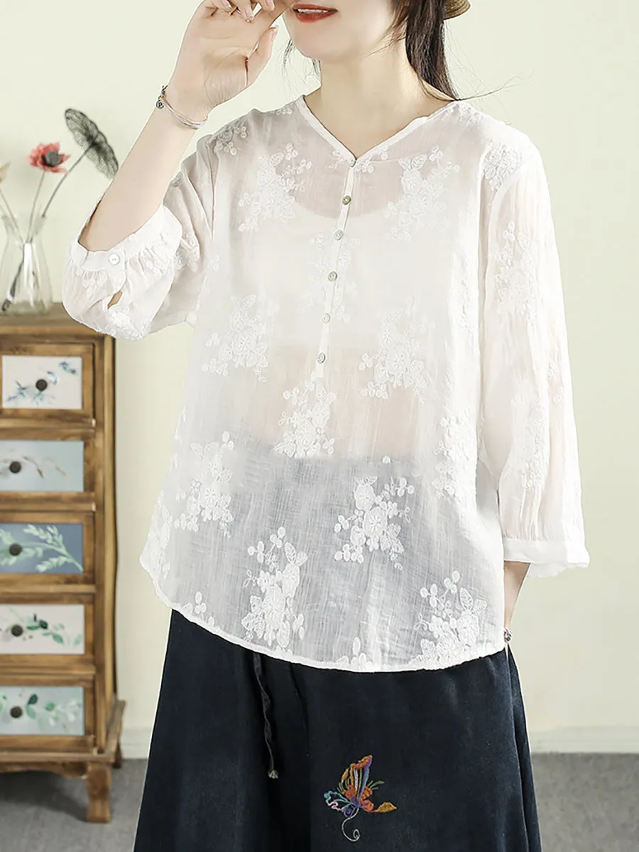 Women Artsy V-Neck Flower Embroidery 100%Ramie Shirt