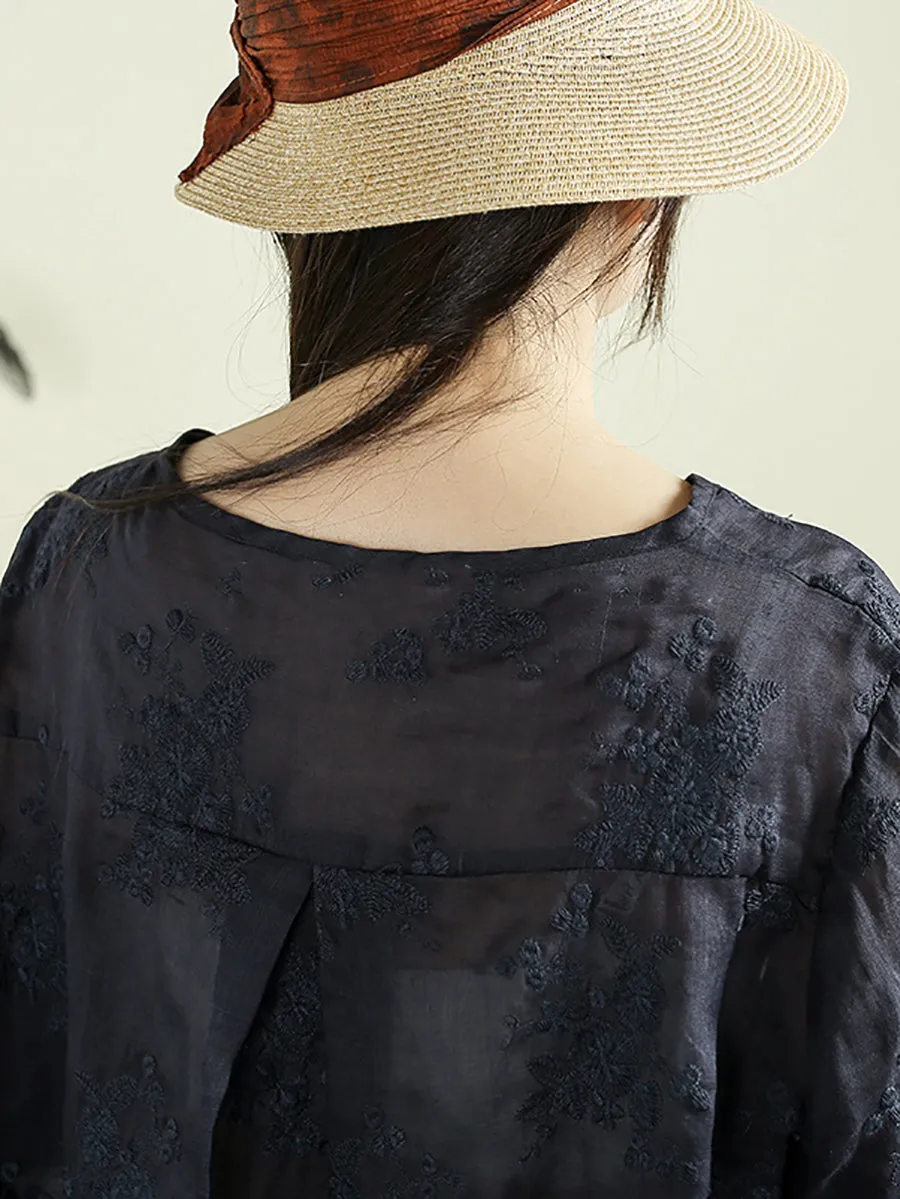 Women Artsy V-Neck Flower Embroidery 100%Ramie Shirt