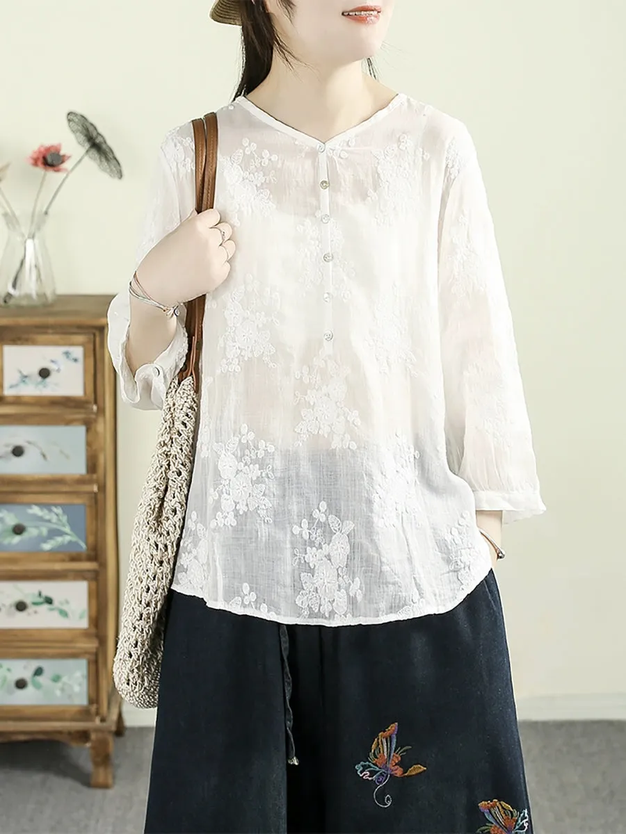 Women Artsy V-Neck Flower Embroidery 100%Ramie Shirt