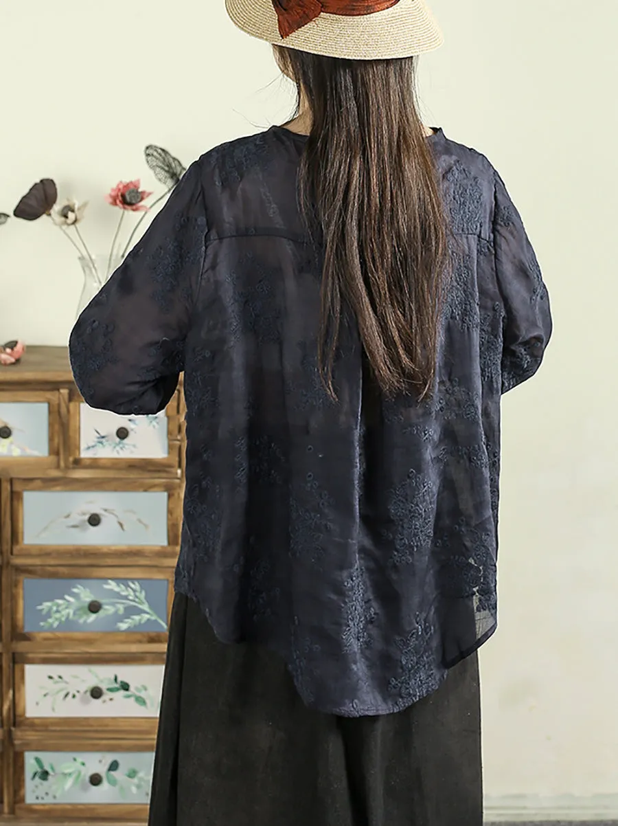 Women Artsy V-Neck Flower Embroidery 100%Ramie Shirt