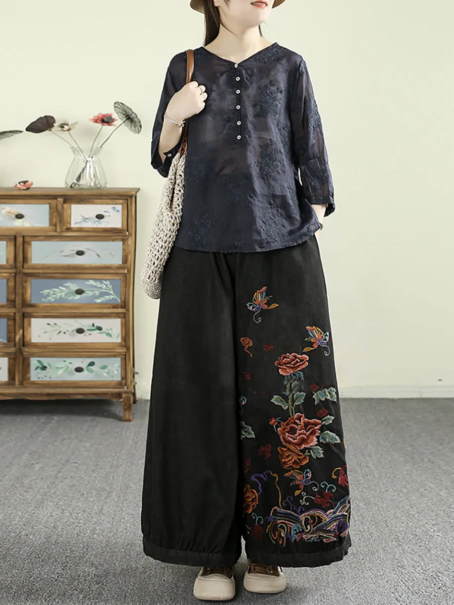 Women Artsy V-Neck Flower Embroidery 100%Ramie Shirt