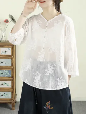 Women Artsy V-Neck Flower Embroidery 100%Ramie Shirt