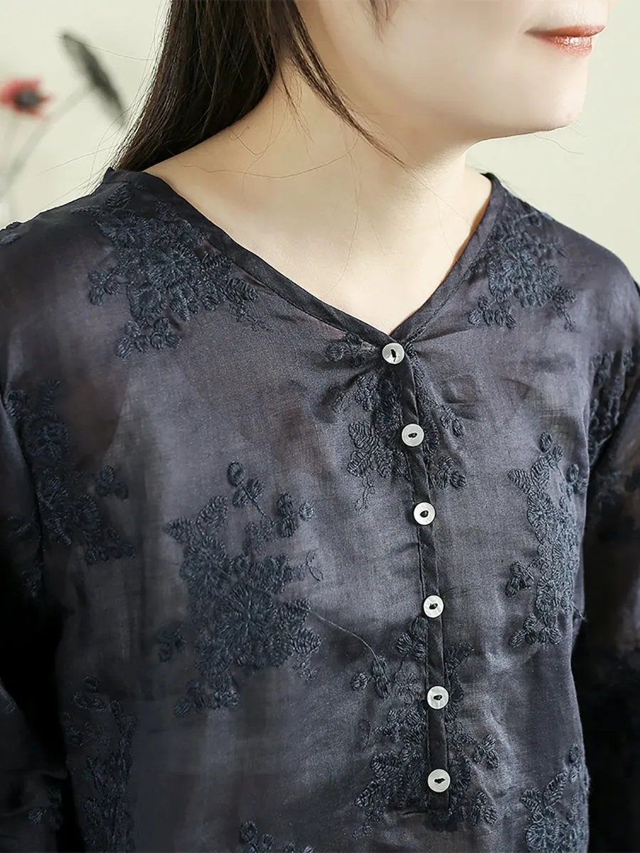 Women Artsy V-Neck Flower Embroidery 100%Ramie Shirt
