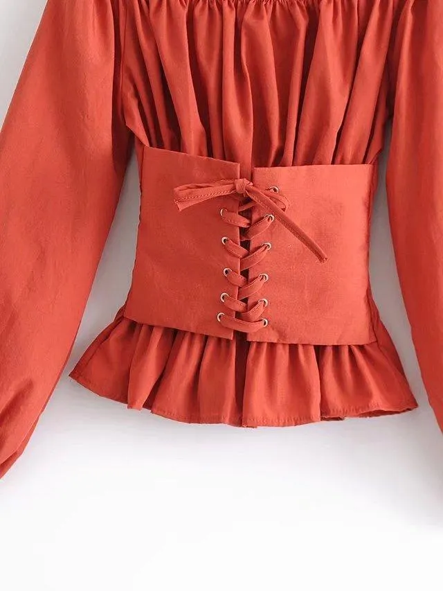 Women Blouse Off Shoulder Ruffles Blouse Ruched Lace Up Sash Blouse