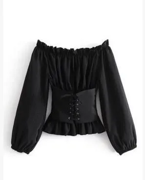 Women Blouse Off Shoulder Ruffles Blouse Ruched Lace Up Sash Blouse