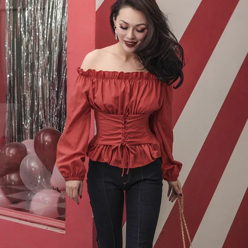 Women Blouse Off Shoulder Ruffles Blouse Ruched Lace Up Sash Blouse