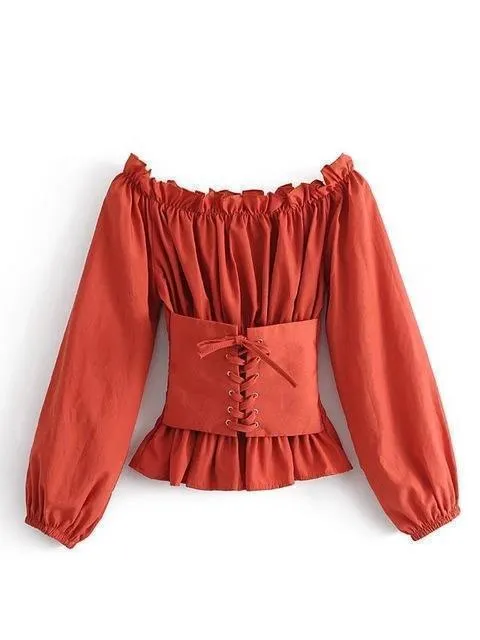 Women Blouse Off Shoulder Ruffles Blouse Ruched Lace Up Sash Blouse