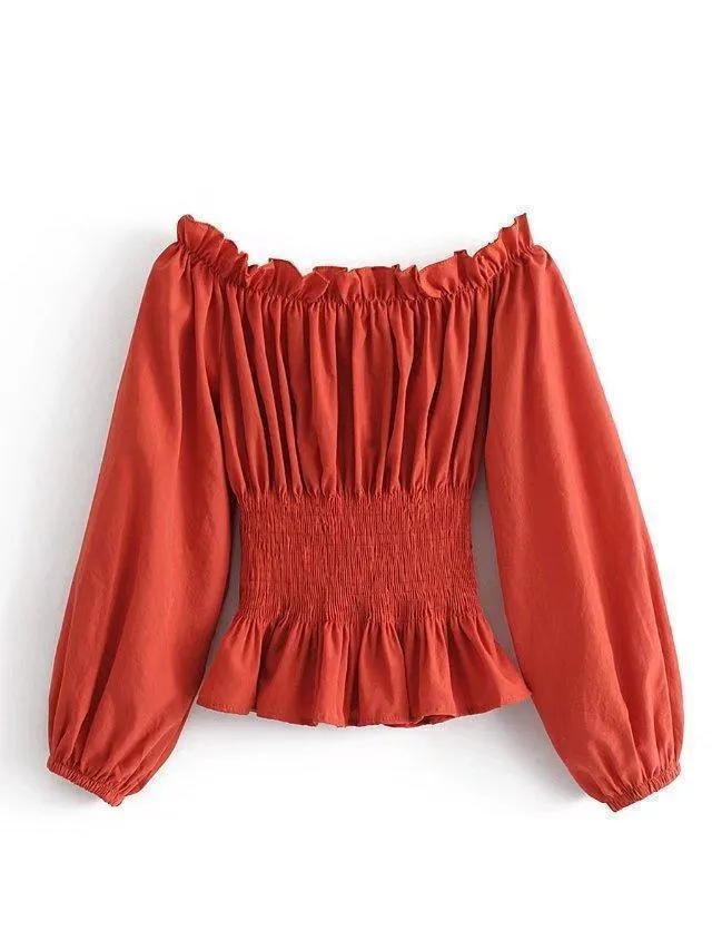 Women Blouse Off Shoulder Ruffles Blouse Ruched Lace Up Sash Blouse