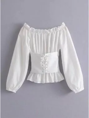 Women Blouse Off Shoulder Ruffles Blouse Ruched Lace Up Sash Blouse