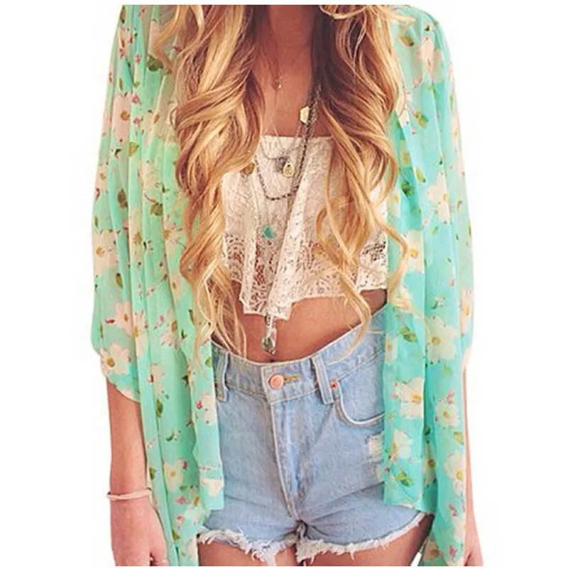 Women Blouses Plus Sizes Floral Cardigan Women Tops Chiffon Batwing Blouse Kimono Cardigan
