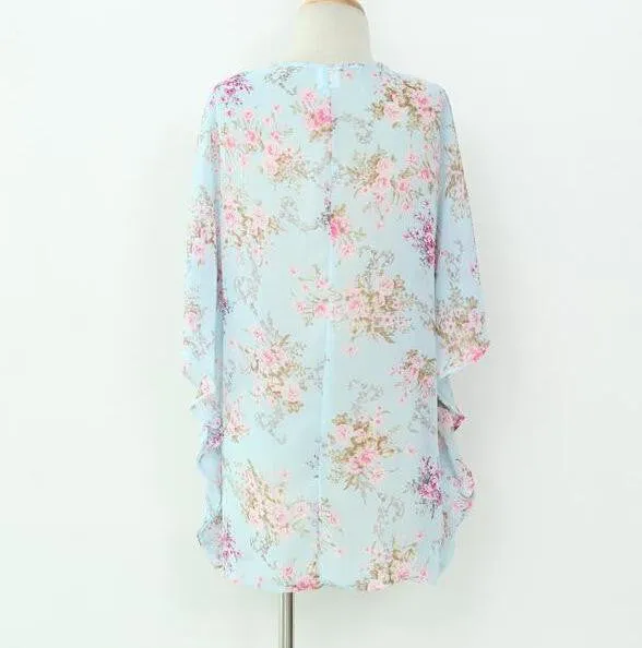 Women Blouses Plus Sizes Floral Cardigan Women Tops Chiffon Batwing Blouse Kimono Cardigan