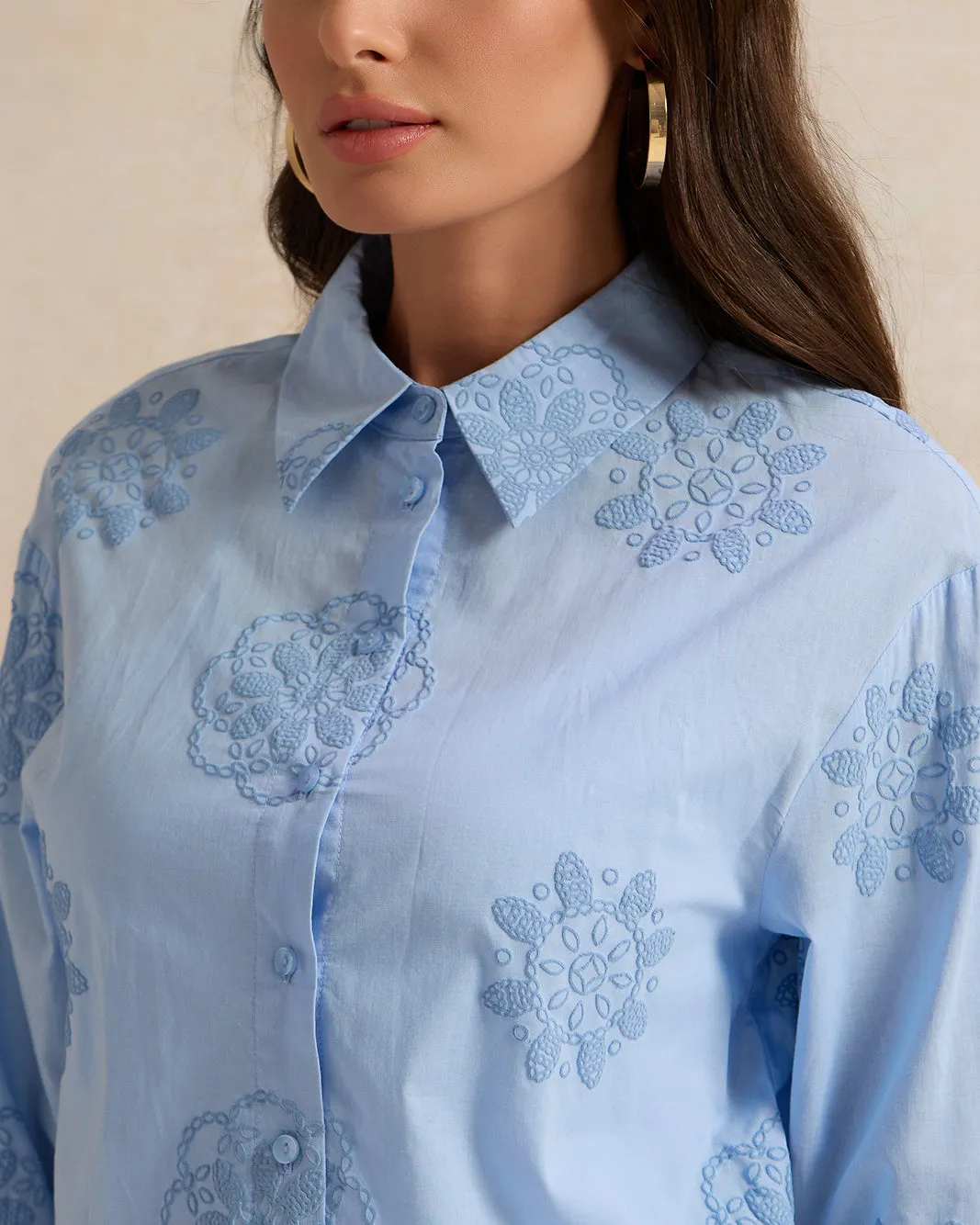 Women Blue Printed Button Down Blouse