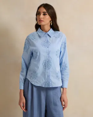 Women Blue Printed Button Down Blouse
