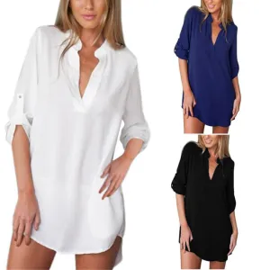 Women Casual Leisure Long Sleeve V Neck Blouses Ladies Loose Long Shirts Tops Chiffon Shirt Dress Beach Dresses