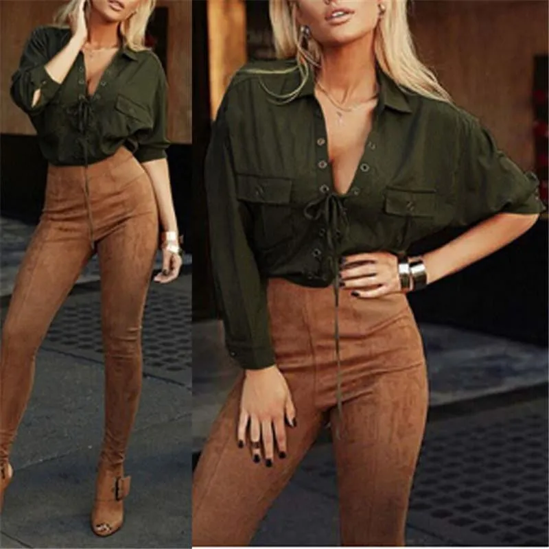 Women Clothing Turn Down Collar Front Lace Up Long Sleeve Blouses Black White Chiffon Tops Shirts S-3XL