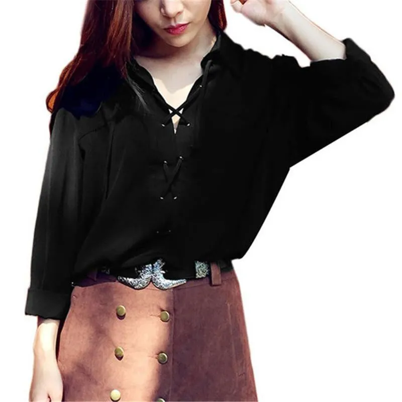 Women Clothing Turn Down Collar Front Lace Up Long Sleeve Blouses Black White Chiffon Tops Shirts S-3XL