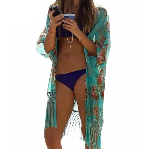 Women Fashion Cardigan Bathing Suit Kimono Chiffon Blouses Shirts Beach Outwear Plus Size Tops