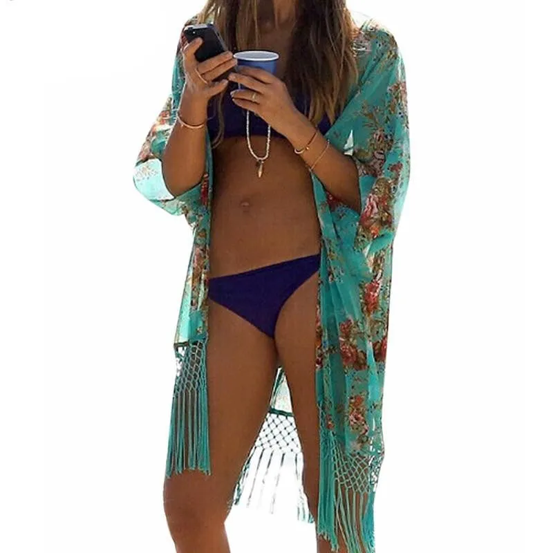 Women Fashion Cardigan Bathing Suit Kimono Chiffon Blouses Shirts Beach Outwear Plus Size Tops