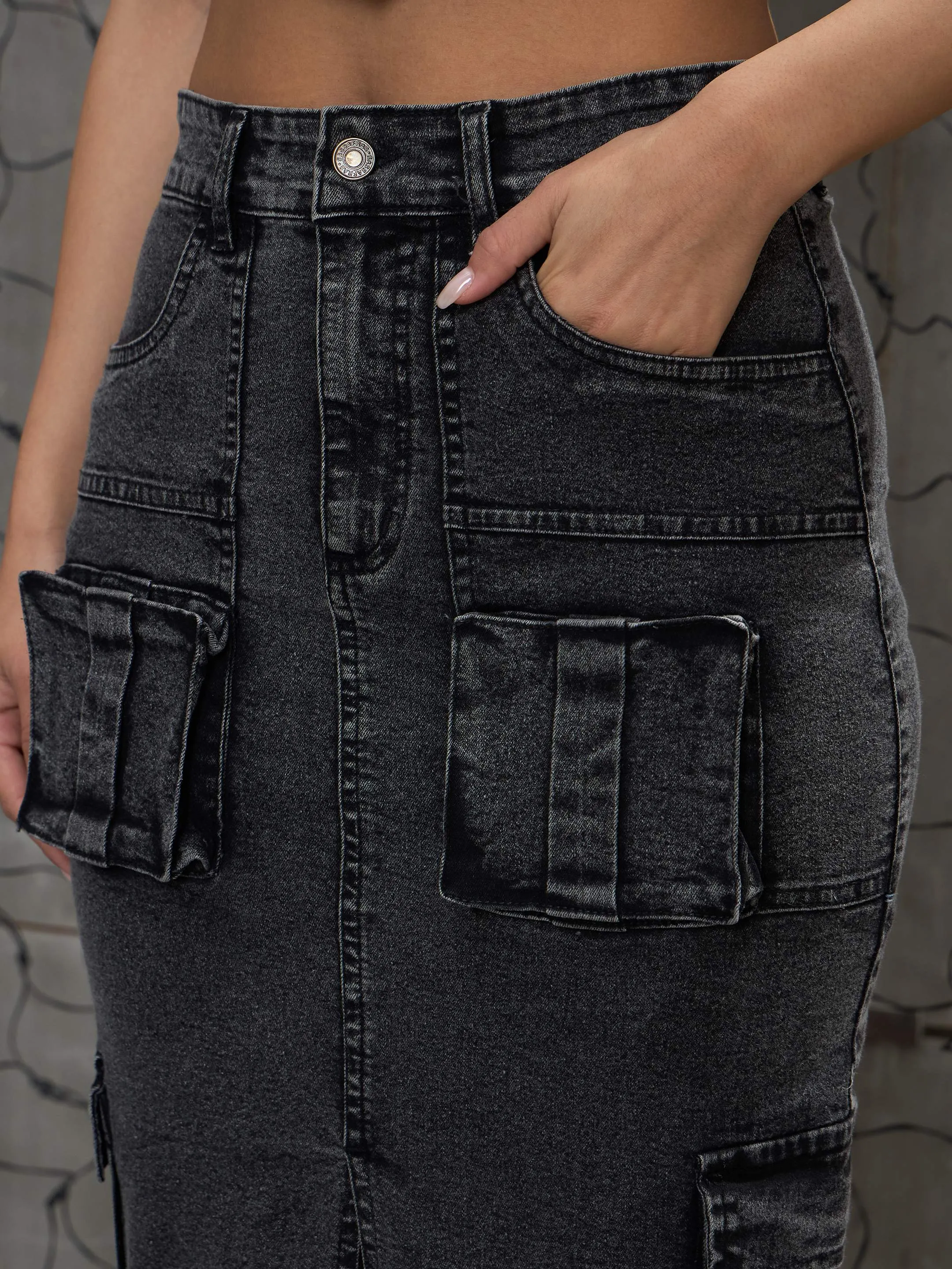 Women Grey Washed Denim Box Pocket Midi Skirt