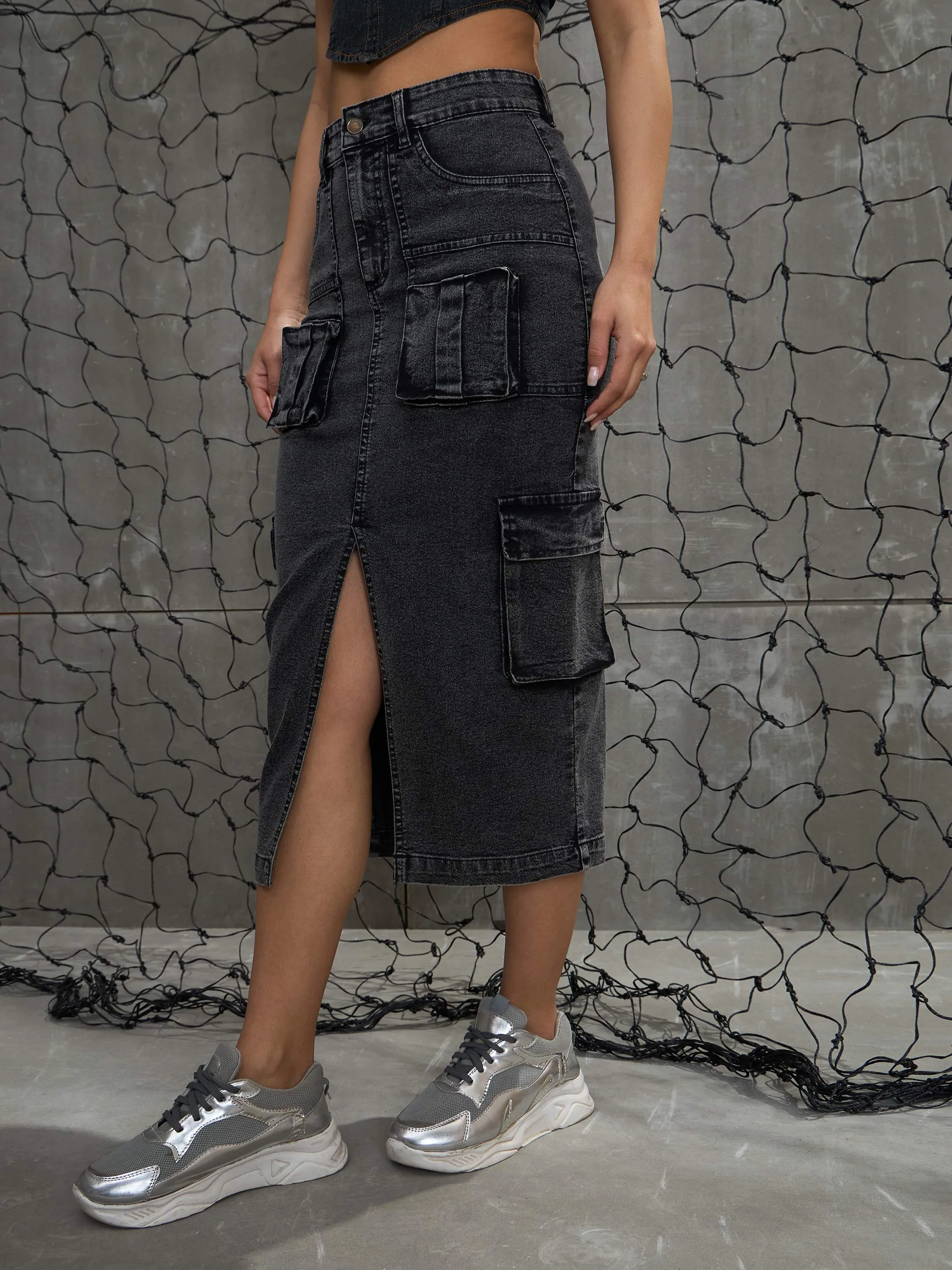 Women Grey Washed Denim Box Pocket Midi Skirt