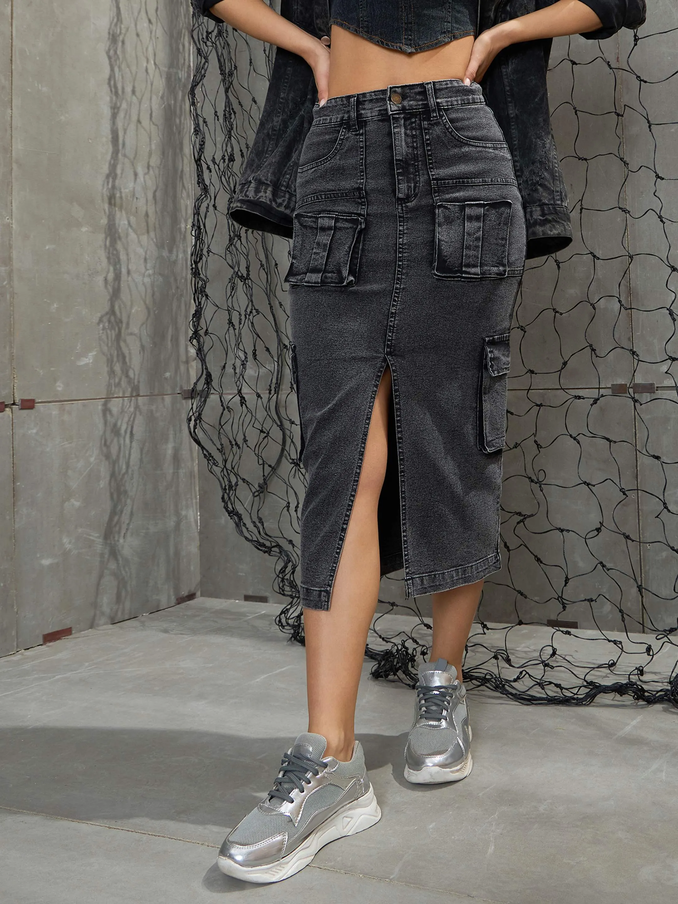 Women Grey Washed Denim Box Pocket Midi Skirt
