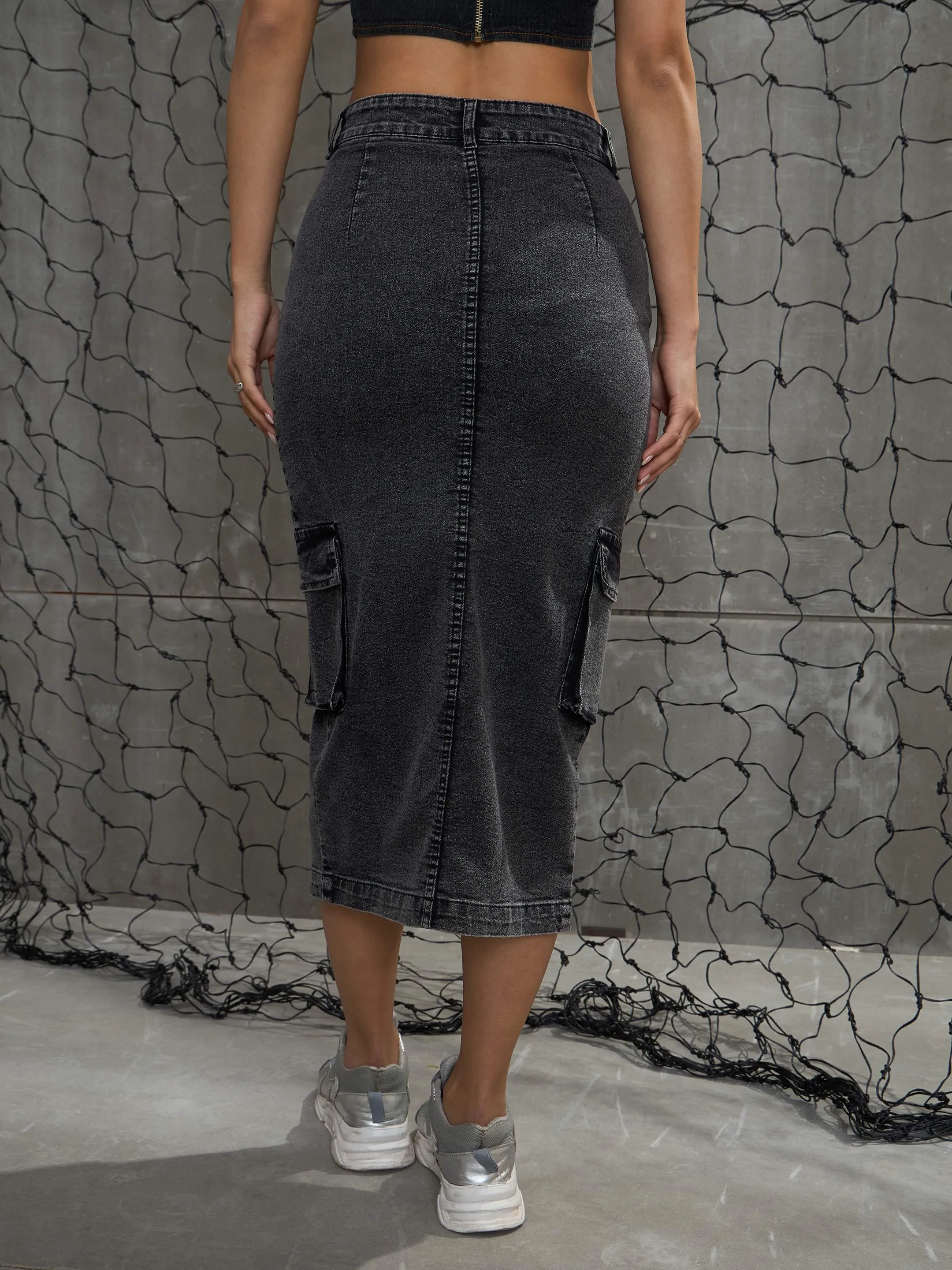 Women Grey Washed Denim Box Pocket Midi Skirt