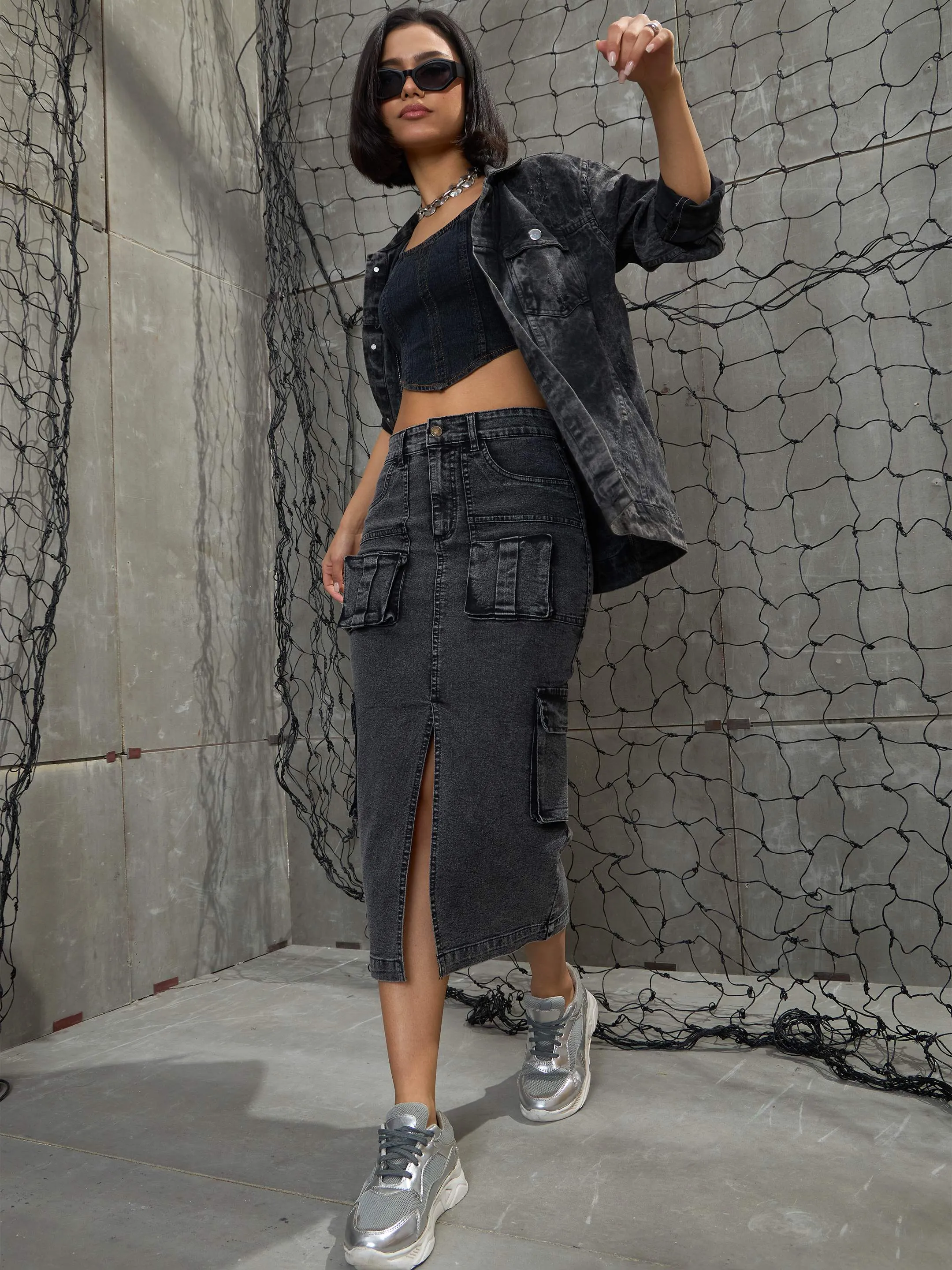 Women Grey Washed Denim Box Pocket Midi Skirt