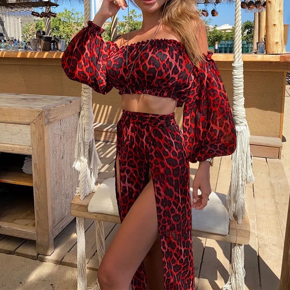 Women Mesh Sheer Bikini Cover-Ups Set See-Through Long Sleeve Crop Tops And Cover Up Skirts Two Piece Swimwear Beach Dresses