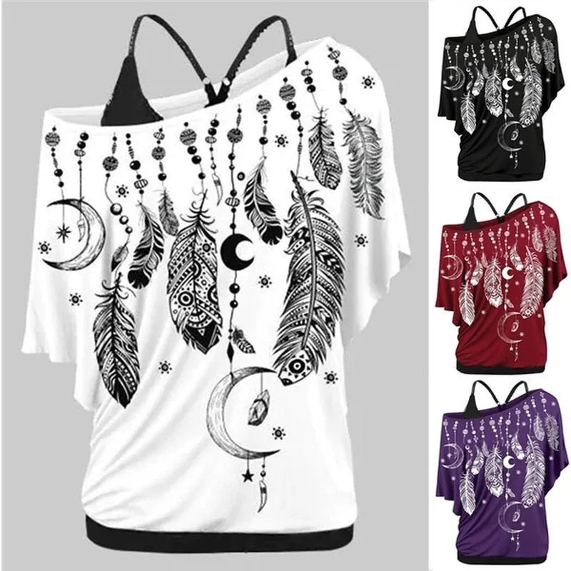 Women Shirts Blouses Feather Print One Shoulder Top Casual Ladies Sexy Tops Skew Neck Shirts Blouse