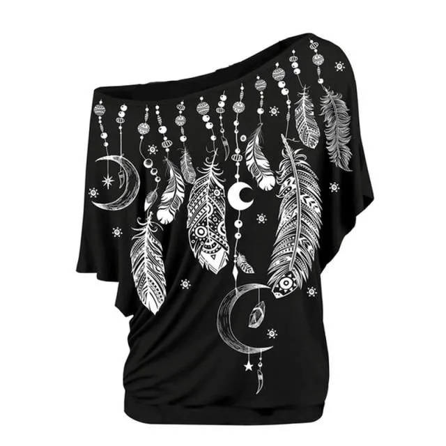 Women Shirts Blouses Feather Print One Shoulder Top Casual Ladies Sexy Tops Skew Neck Shirts Blouse