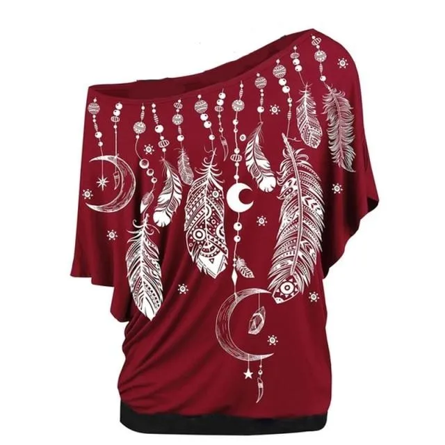 Women Shirts Blouses Feather Print One Shoulder Top Casual Ladies Sexy Tops Skew Neck Shirts Blouse