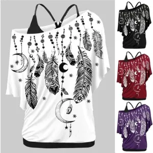 Women Shirts Blouses Feather Print One Shoulder Top Casual Ladies Sexy Tops Skew Neck Shirts Blouse