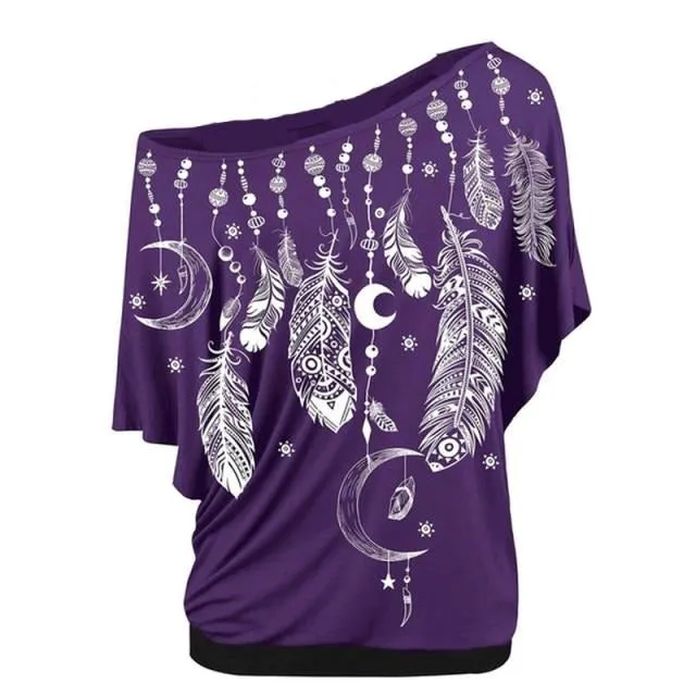 Women Shirts Blouses Feather Print One Shoulder Top Casual Ladies Sexy Tops Skew Neck Shirts Blouse
