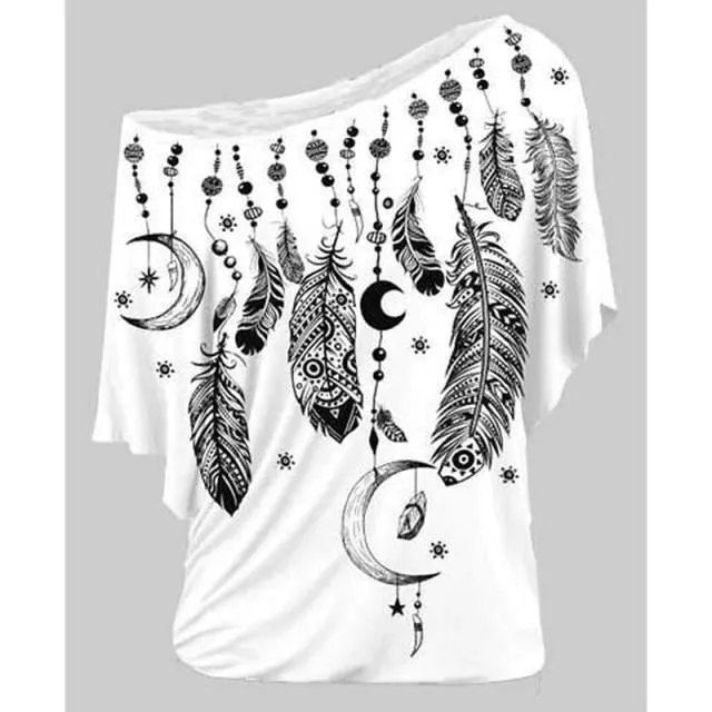 Women Shirts Blouses Feather Print One Shoulder Top Casual Ladies Sexy Tops Skew Neck Shirts Blouse