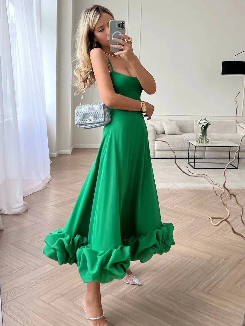 Women Spaghetti Strap A-line Ruffles Pink Evening Dresses