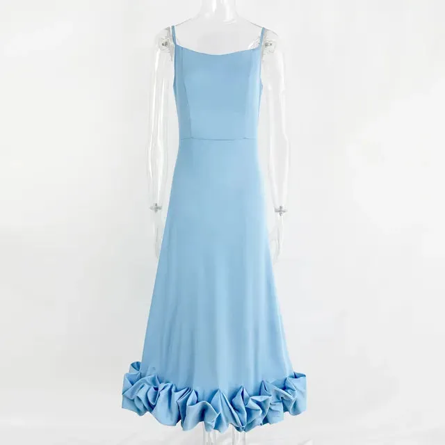 Women Spaghetti Strap A-line Ruffles Pink Evening Dresses