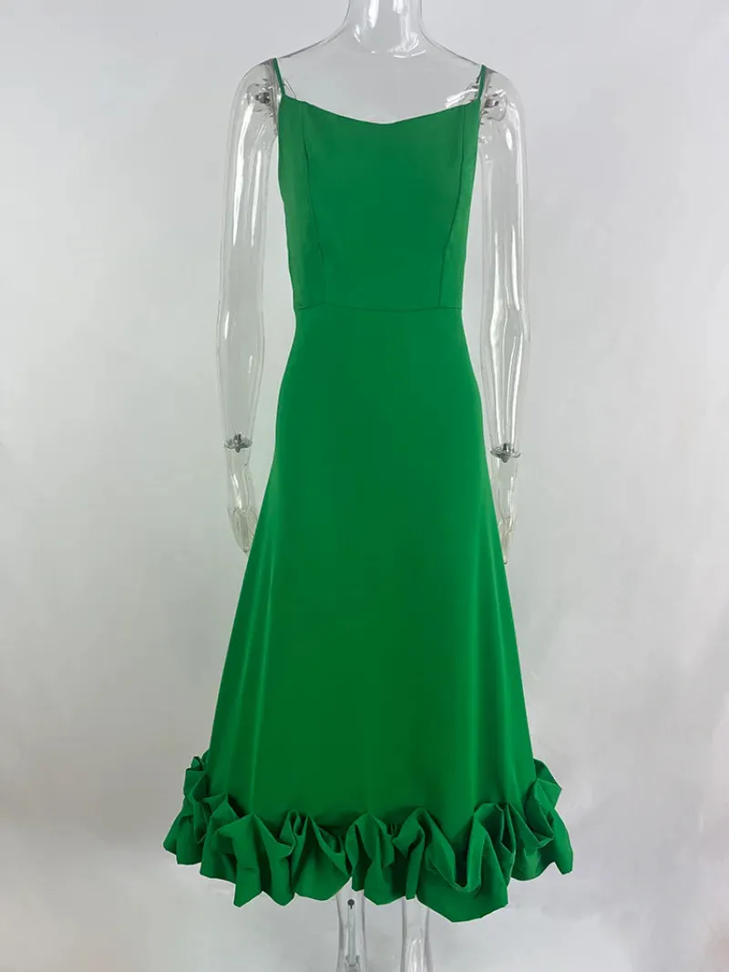 Women Spaghetti Strap A-line Ruffles Pink Evening Dresses