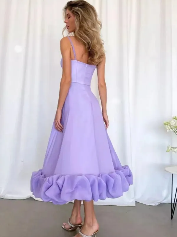 Women Spaghetti Strap A-line Ruffles Pink Evening Dresses