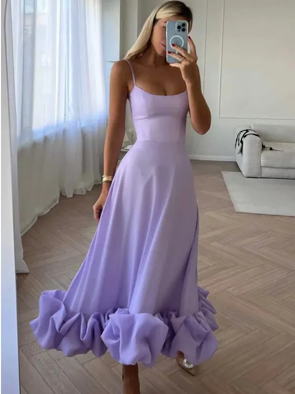 Women Spaghetti Strap A-line Ruffles Pink Evening Dresses