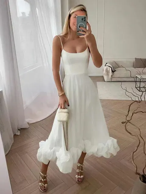 Women Spaghetti Strap A-line Ruffles Pink Evening Dresses