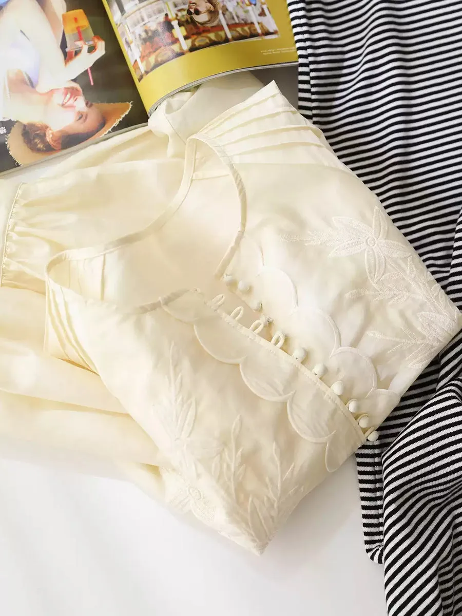 Women Spring Flower Embroidery O-Neck Shirt