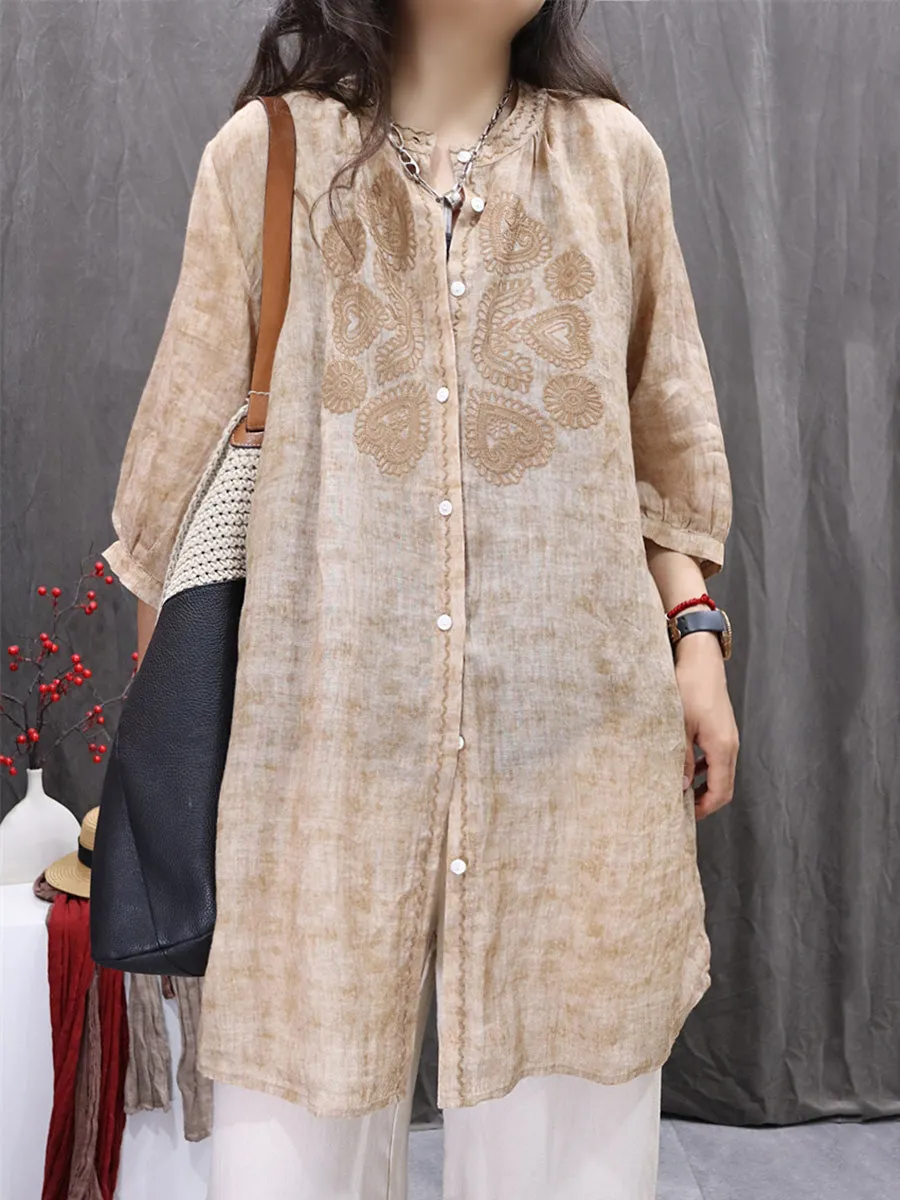 Women Summer Artsy  Embroidery O-Neck 100%Ramie Shirt