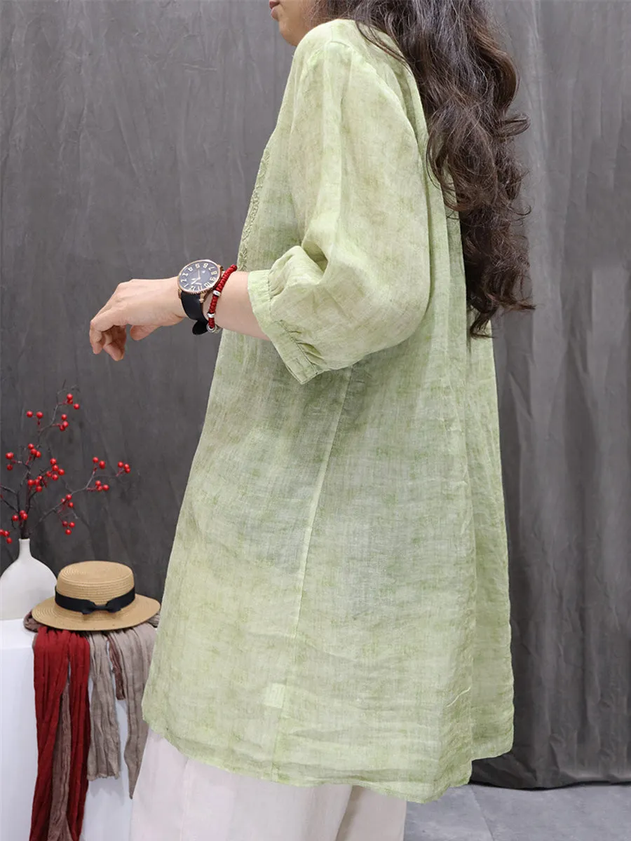 Women Summer Artsy  Embroidery O-Neck 100%Ramie Shirt