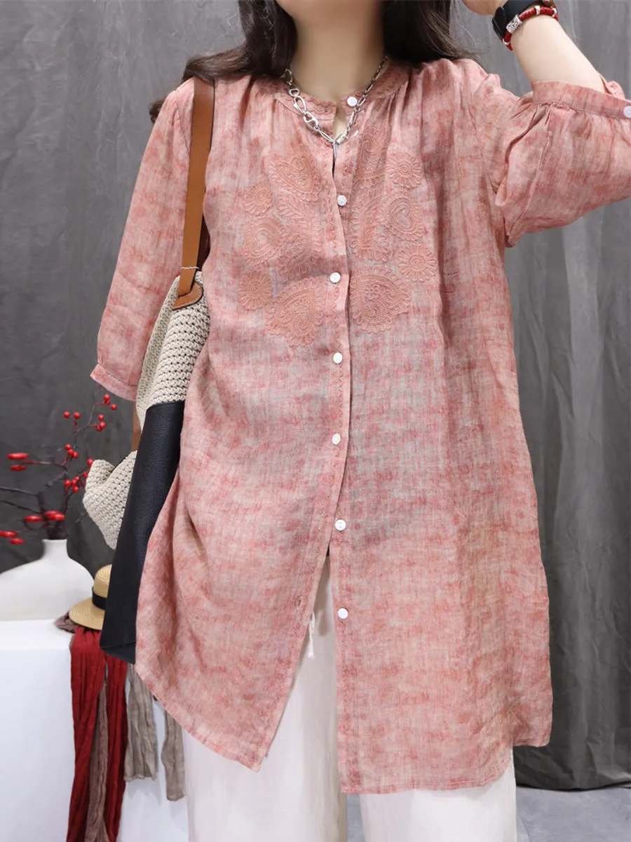 Women Summer Artsy  Embroidery O-Neck 100%Ramie Shirt