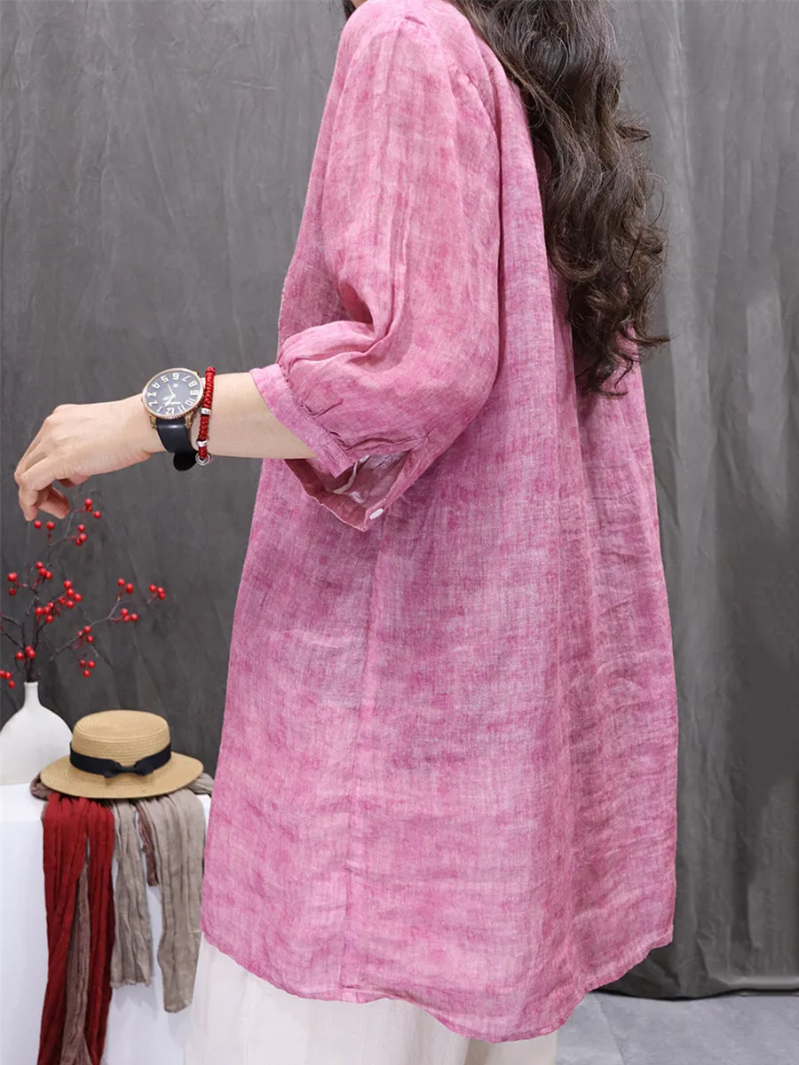 Women Summer Artsy  Embroidery O-Neck 100%Ramie Shirt